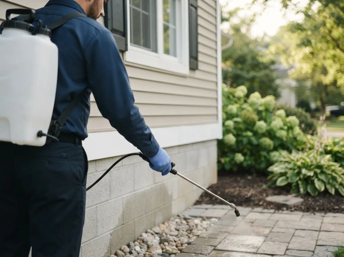Pest control technician inspecting a home in Lake Pleasant, NY